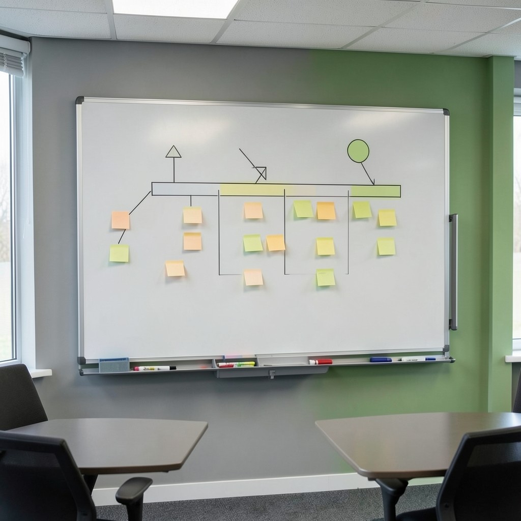 Whiteboard mit Phasenplan für die Einrichtung von Suchkampagnen